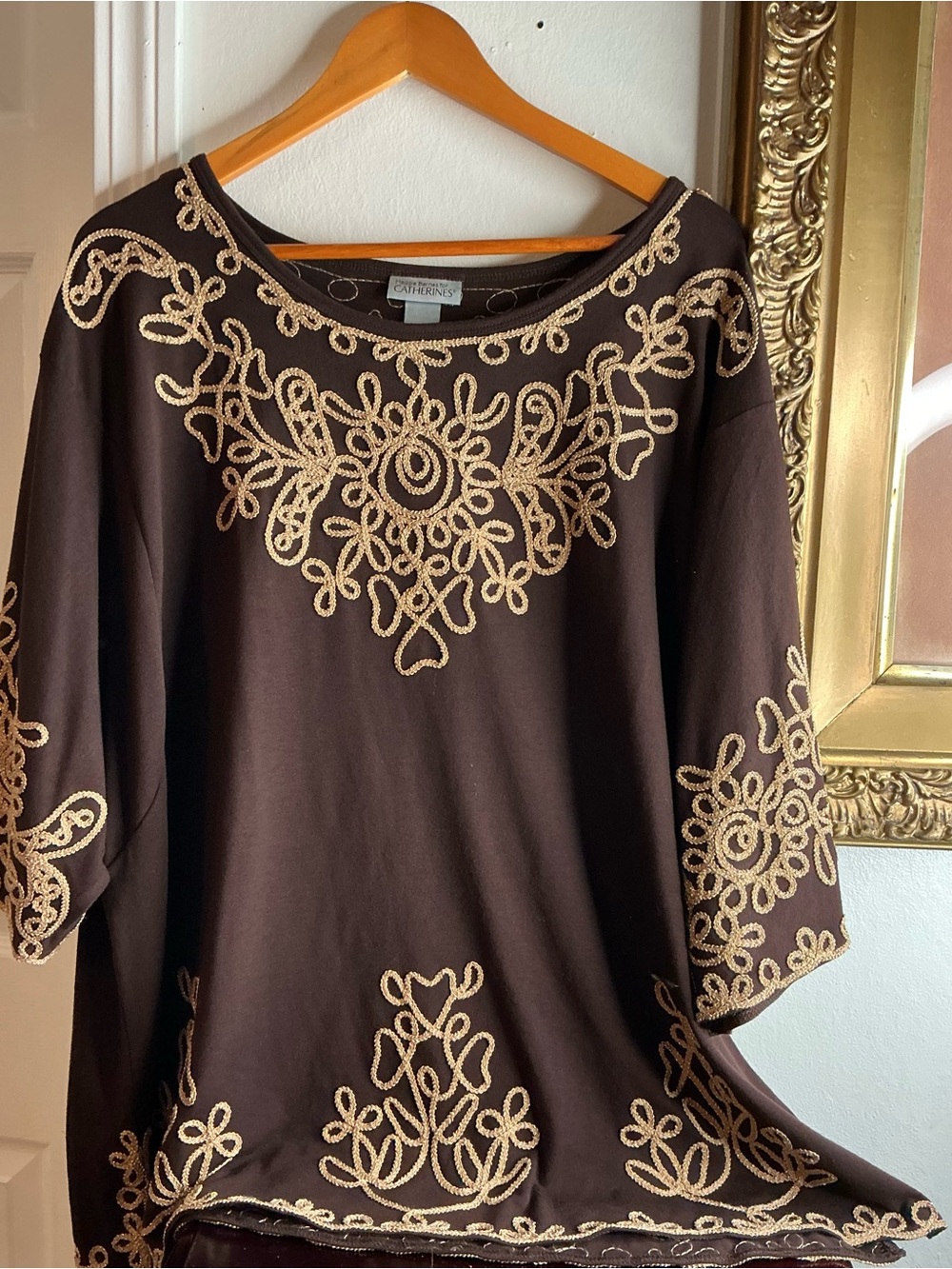 Catherines Chocolate Brown Tunic with Cream Embroidery